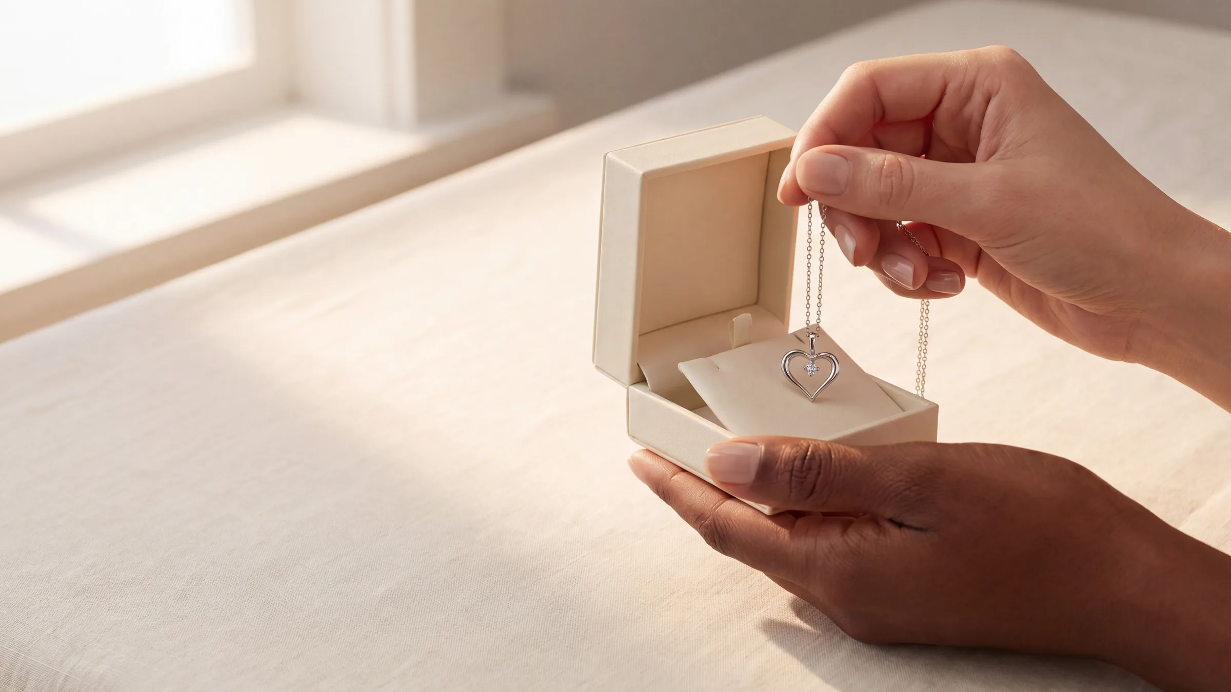 Two hands holding an open cream jewelry box with a white gold heart pendant on a fine chain inside