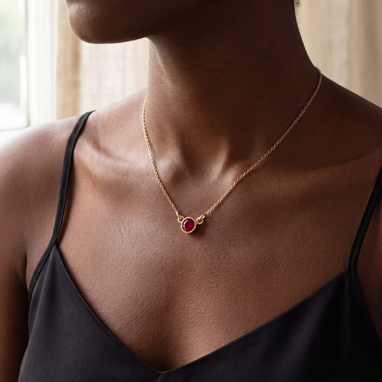 A woman's neckline wearing a gold necklace with a round ruby pendant