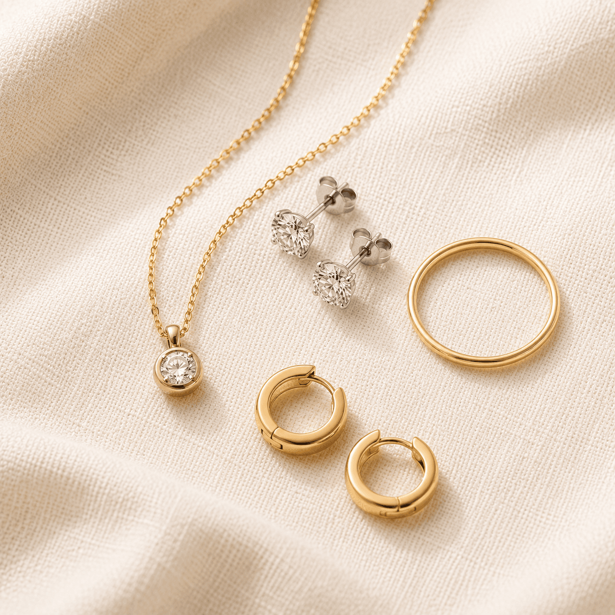 Daily-wear jewelry — delicate gold chain, small diamond studs, simple pendant at ATL Luxury Jewelers Atlanta