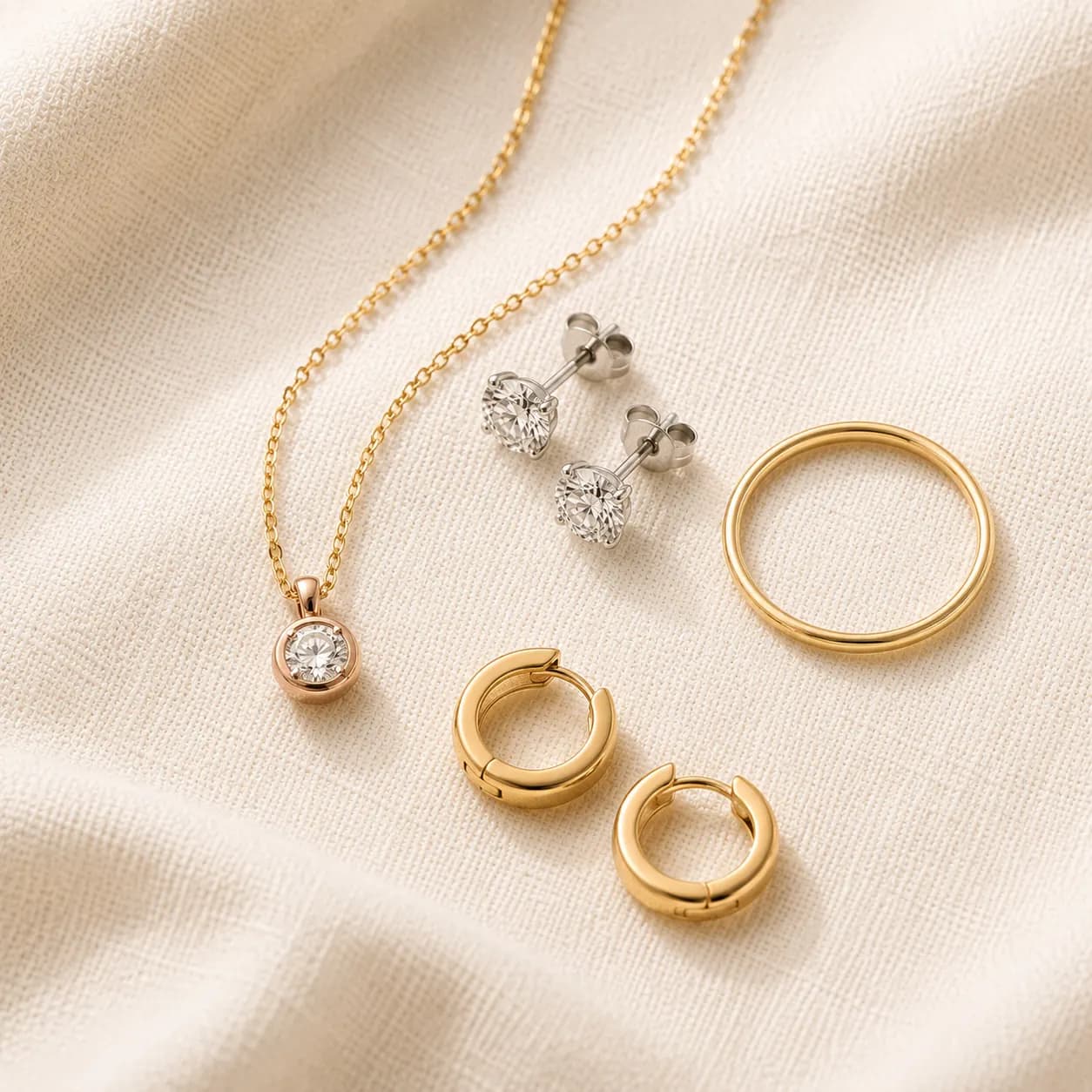 Daily-wear jewelry — delicate gold chain, small diamond studs, simple pendant at ATL Luxury Jewelry Atlanta