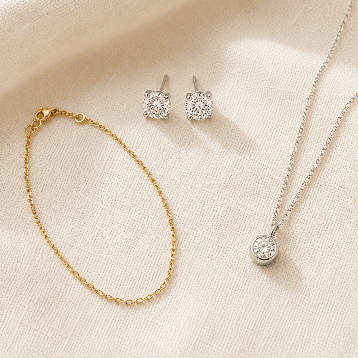 Safe jewelry gift picks — diamond studs, delicate gold chain, bezel pendant at ATL Luxury Jewelers Atlanta