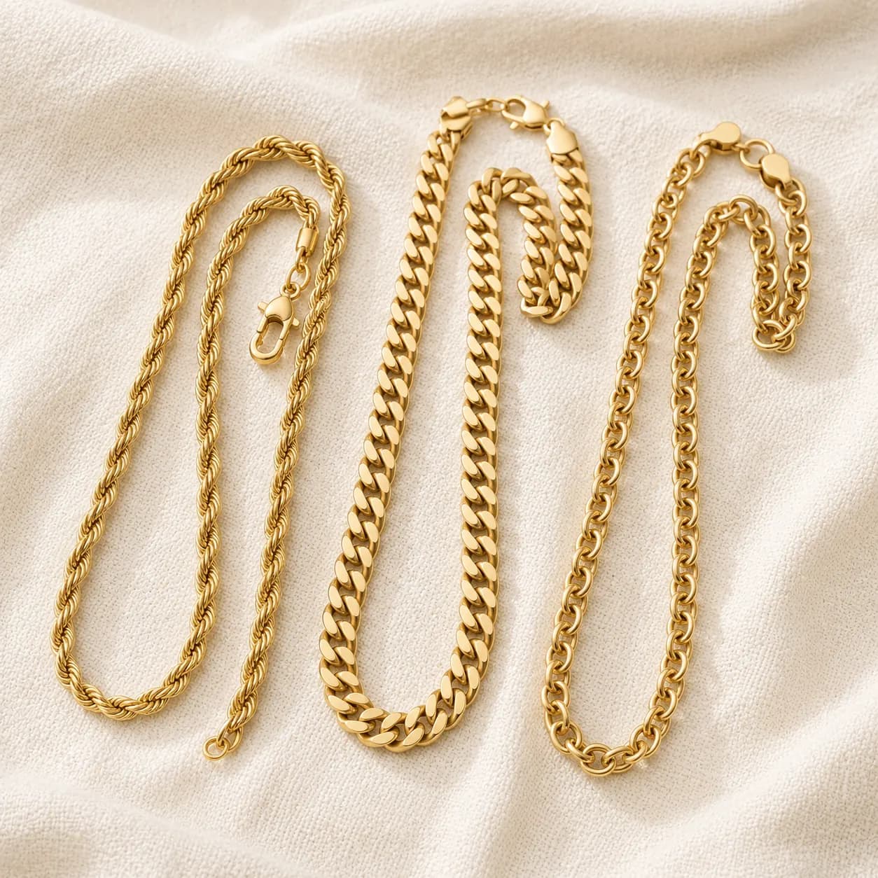 Men's 14K yellow gold rope, curb, and Cuban link chains on cream linen at ATL Luxury Jewelers Atlanta