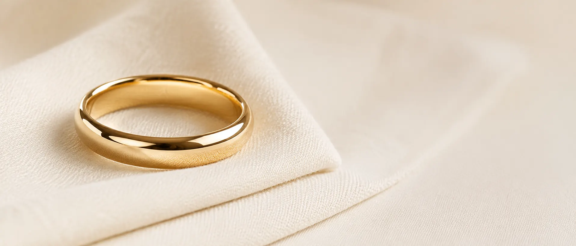 Yellow gold wedding band on cream linen, handcrafted at ATL Luxury Jewelry in Atlanta