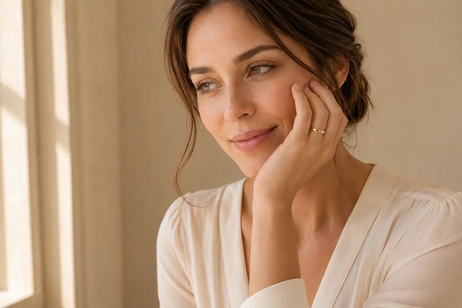 Woman wearing a yellow gold wedding band, hand resting on cream silk