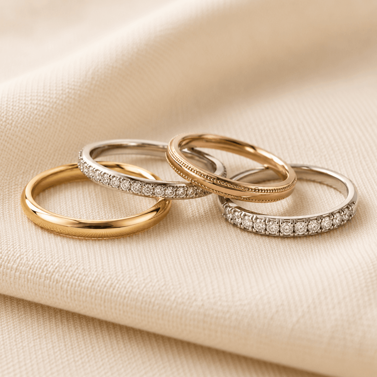 Four women's gold wedding bands grouped on cream linen — yellow plain band, white gold pavé, rose gold milgrain, and white gold diamond half-eternity