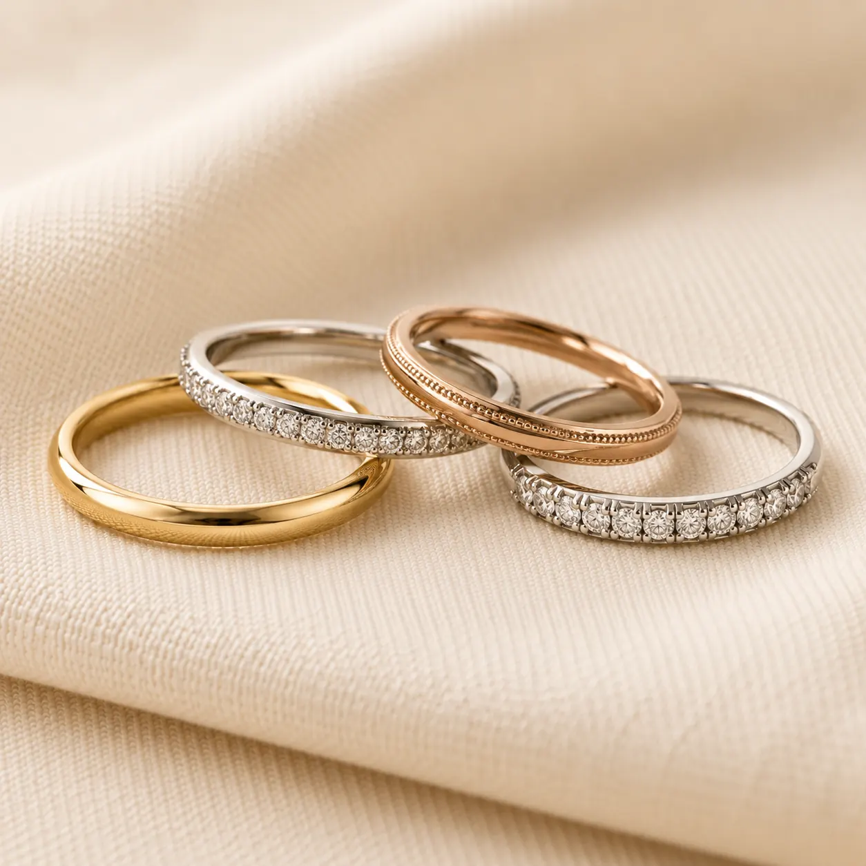 Four women's gold wedding bands grouped on cream linen — yellow plain band, white gold pavé, rose gold milgrain, and white gold diamond half-eternity