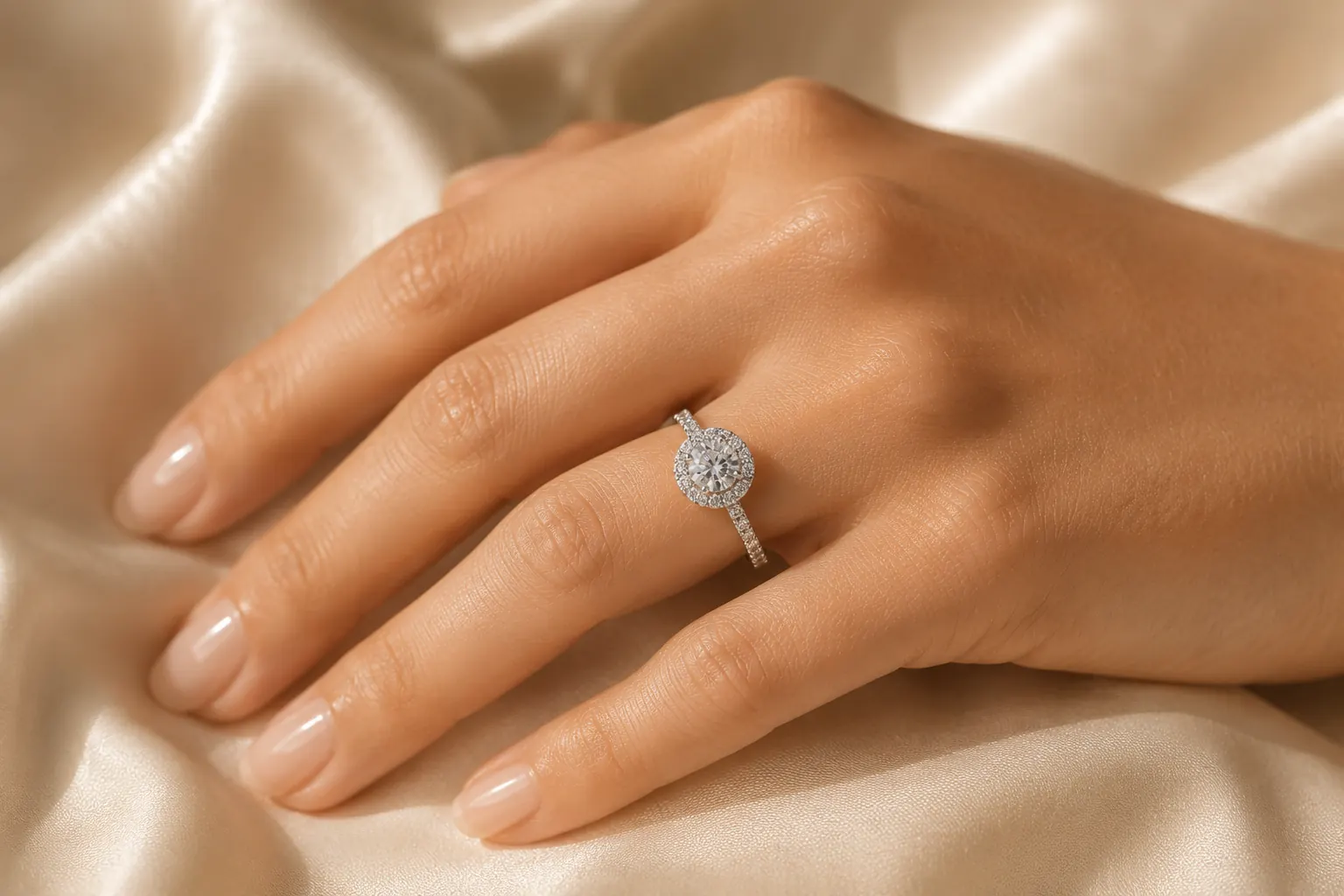 Halo diamond engagement ring on a woman's hand resting on cream silk