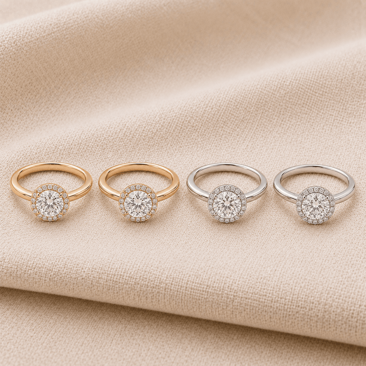 Halo engagement rings in white gold, yellow gold, rose gold, and platinum at ATL Luxury Jewelers Atlanta
