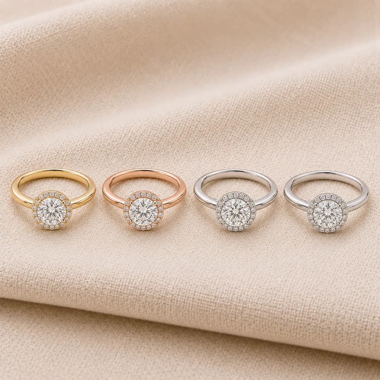 Halo engagement rings in white gold, yellow gold, rose gold, and platinum at ATL Luxury Jewelry Atlanta