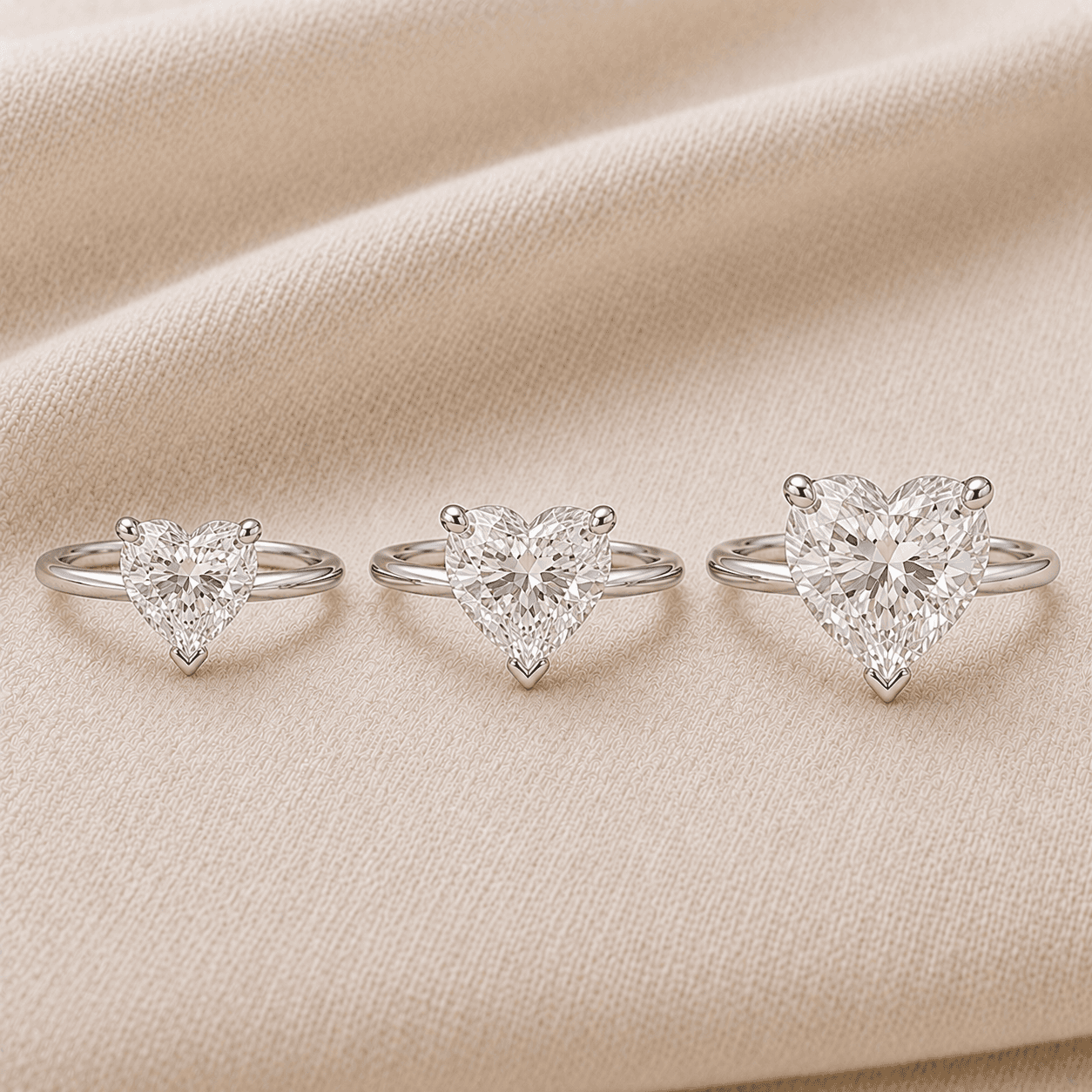 Heart shaped diamond engagement rings in 1, 2, and 3 carat sizes shown side-by-side at ATL Luxury Jewelers Atlanta