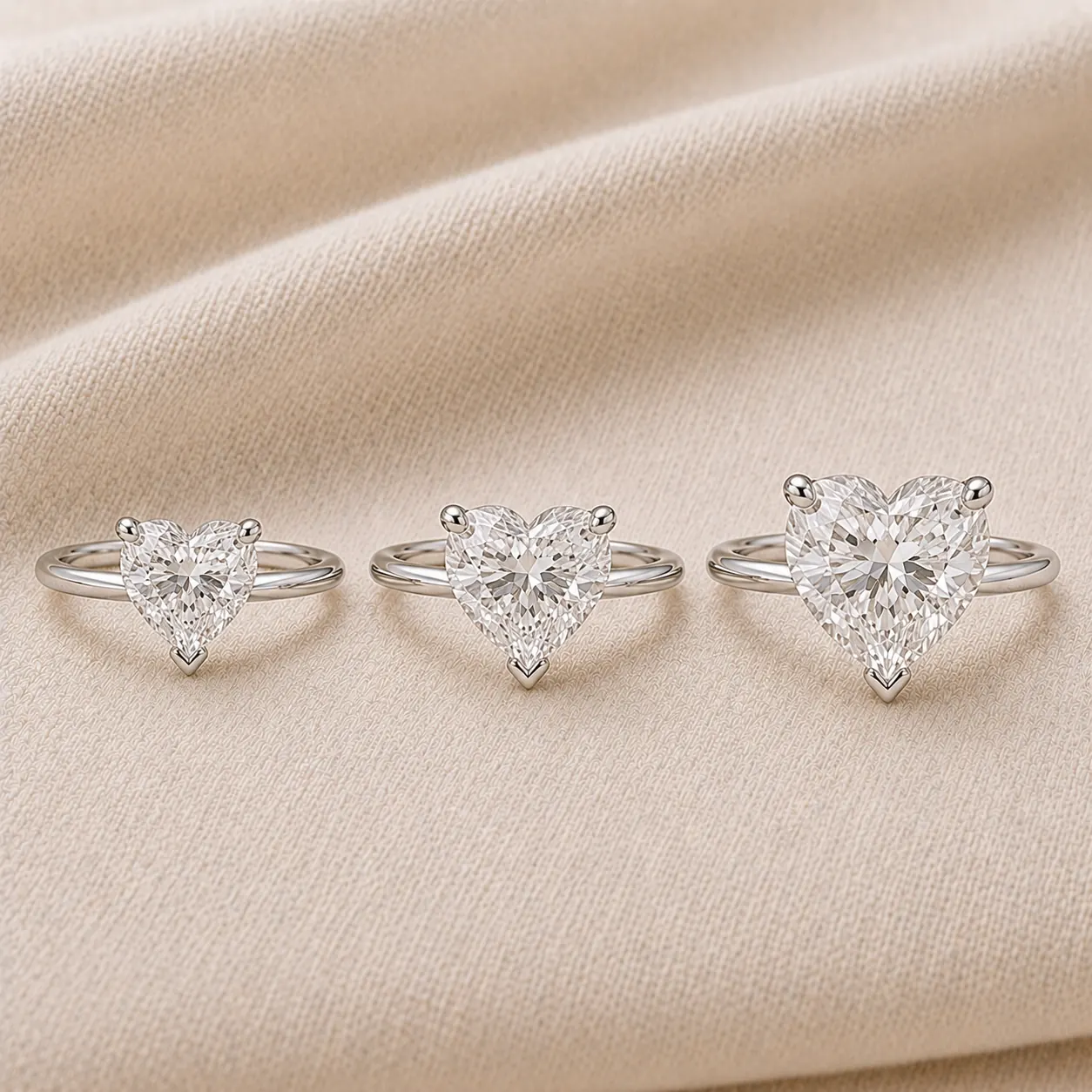 Heart shaped diamond engagement rings in 1, 2, and 3 carat sizes shown side-by-side at ATL Luxury Jewelry Atlanta