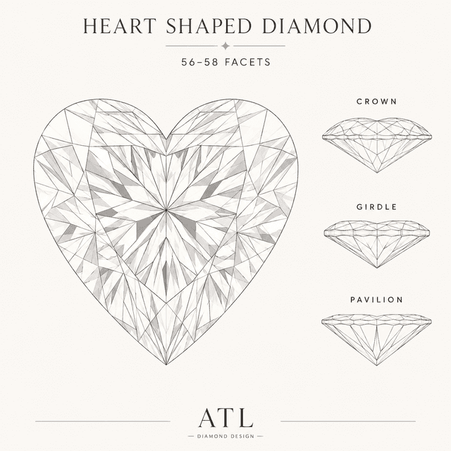 Heart shaped diamond facet diagram showing 56–58 brilliant facets and heart silhouette