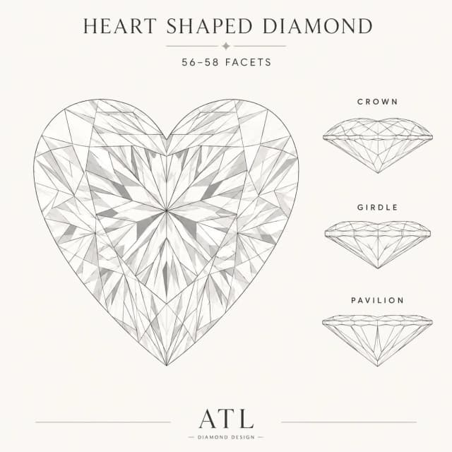 Heart shaped diamond facet diagram showing 56–58 brilliant facets and heart silhouette