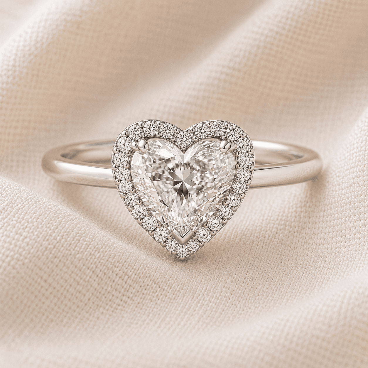 Heart shaped halo engagement ring with pavé diamond halo