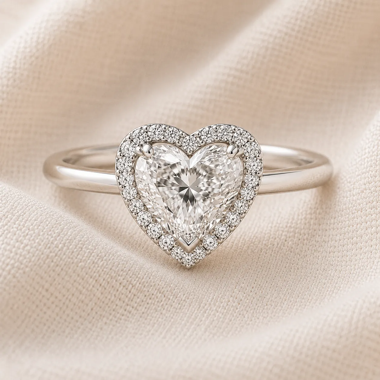 Heart shaped halo engagement ring with pavé diamond halo