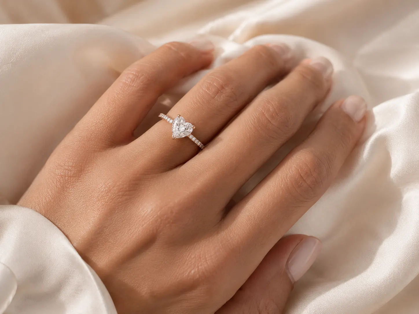 Heart shaped diamond engagement ring on a woman's hand resting on cream silk