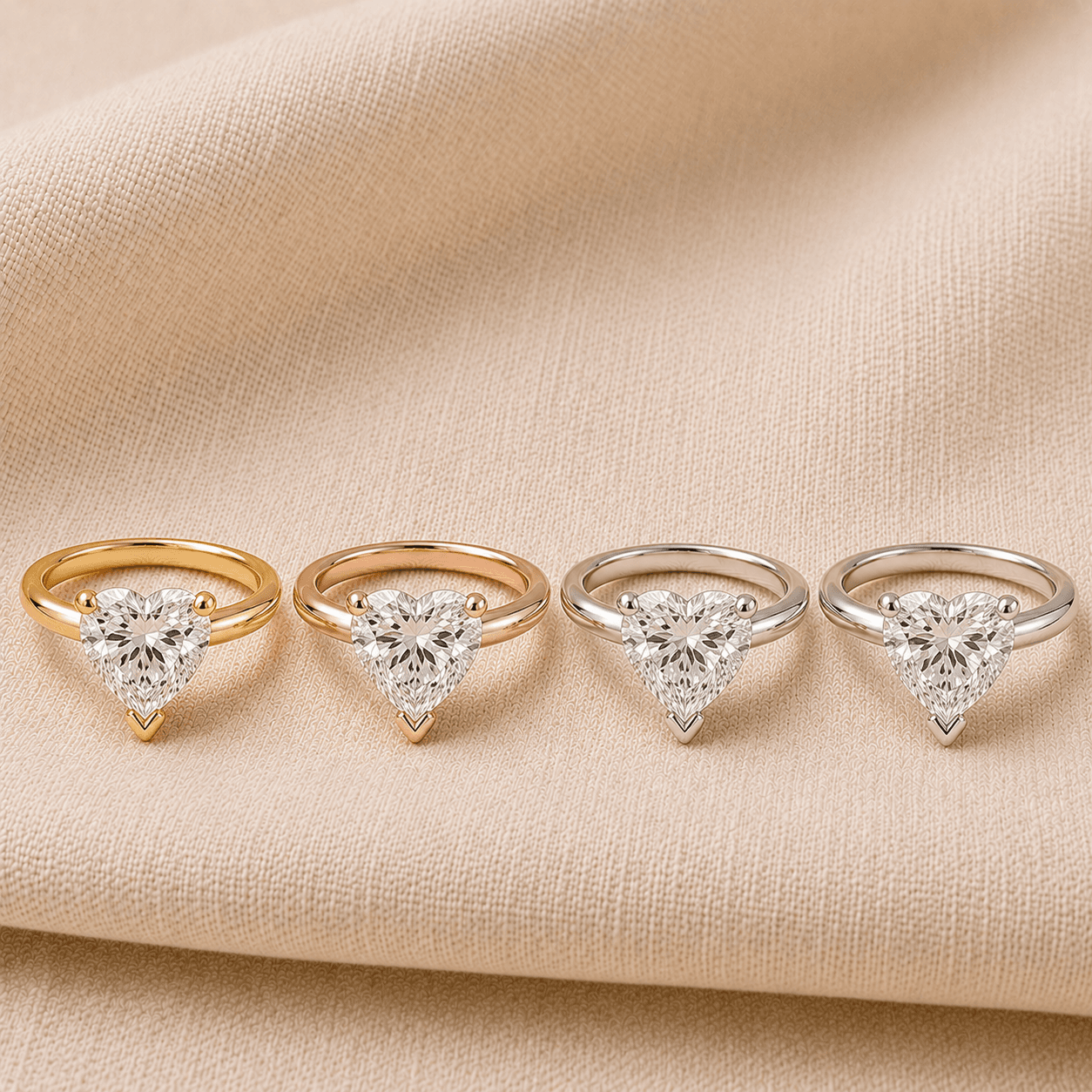 Heart shaped engagement rings shown in white gold, yellow gold, rose gold, and platinum at ATL Luxury Jewelers Atlanta