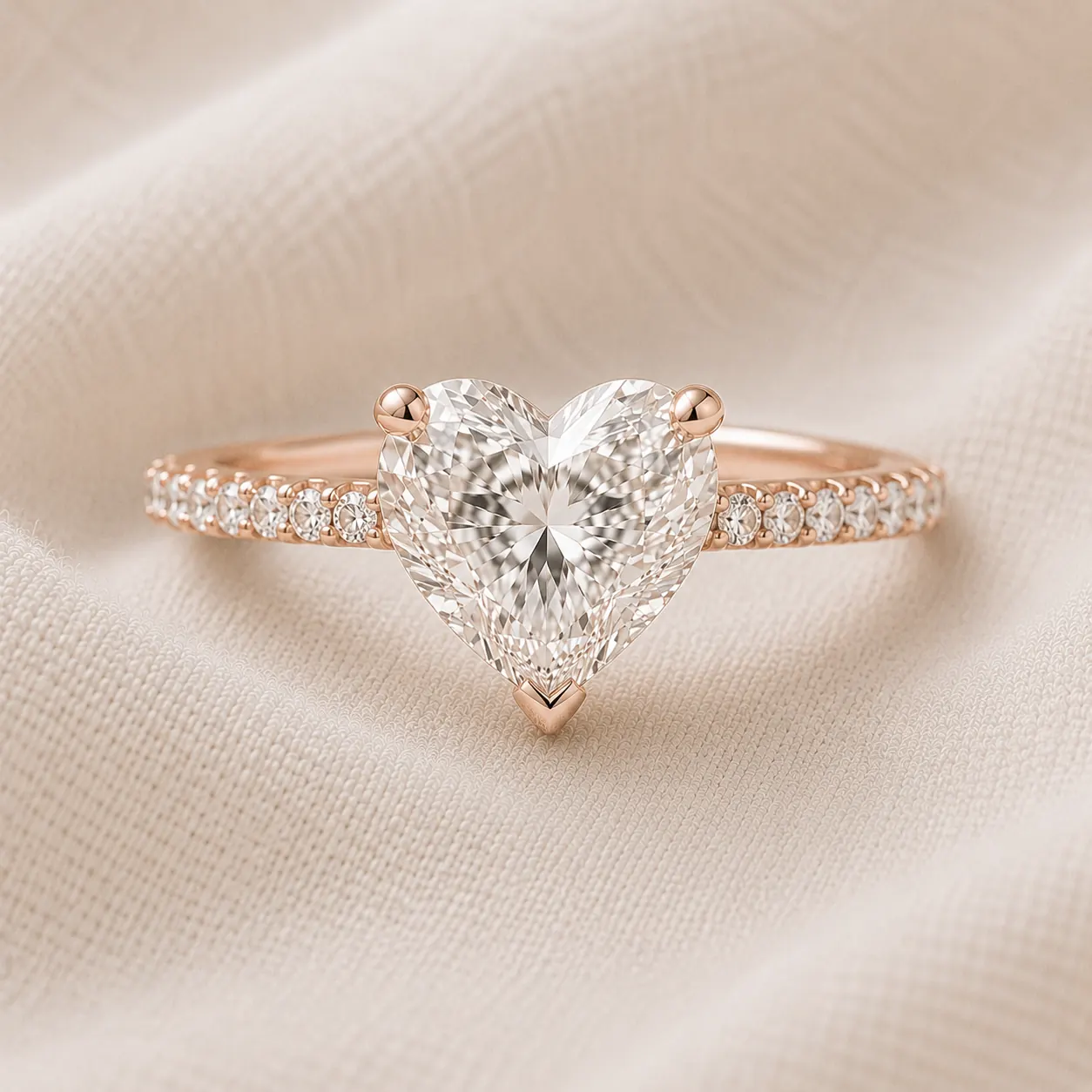 Heart shaped engagement ring with pavé diamond band in rose gold