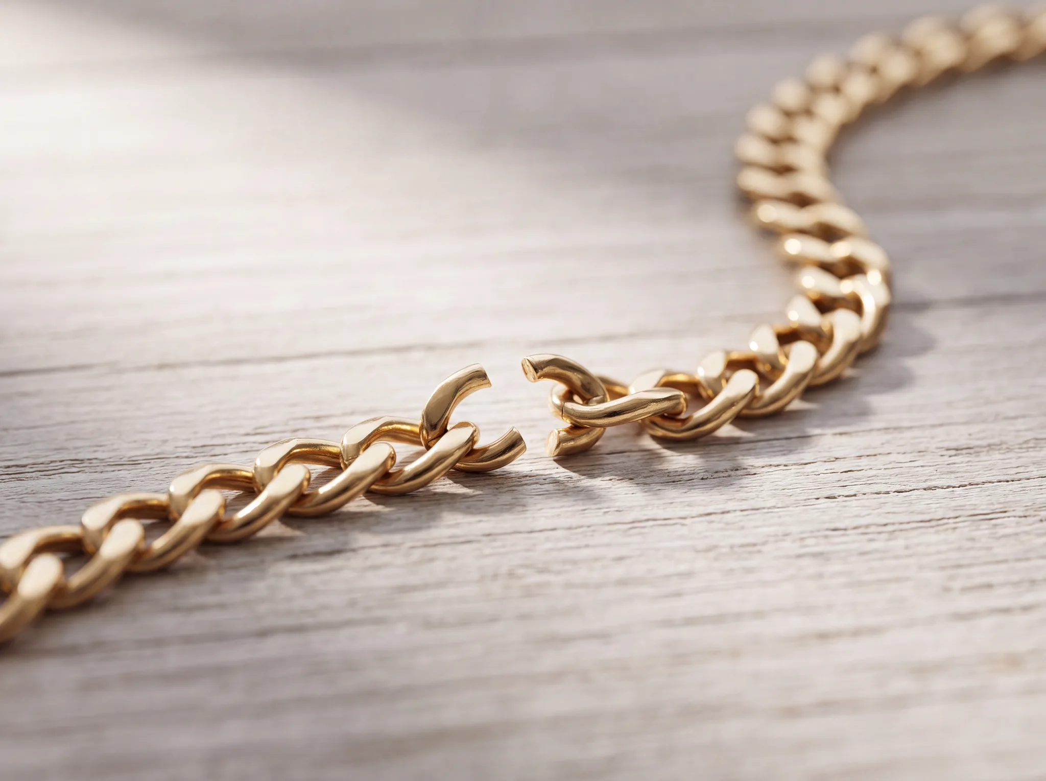 A yellow gold curb chain with a broken link resting on a pale weathered oak surface