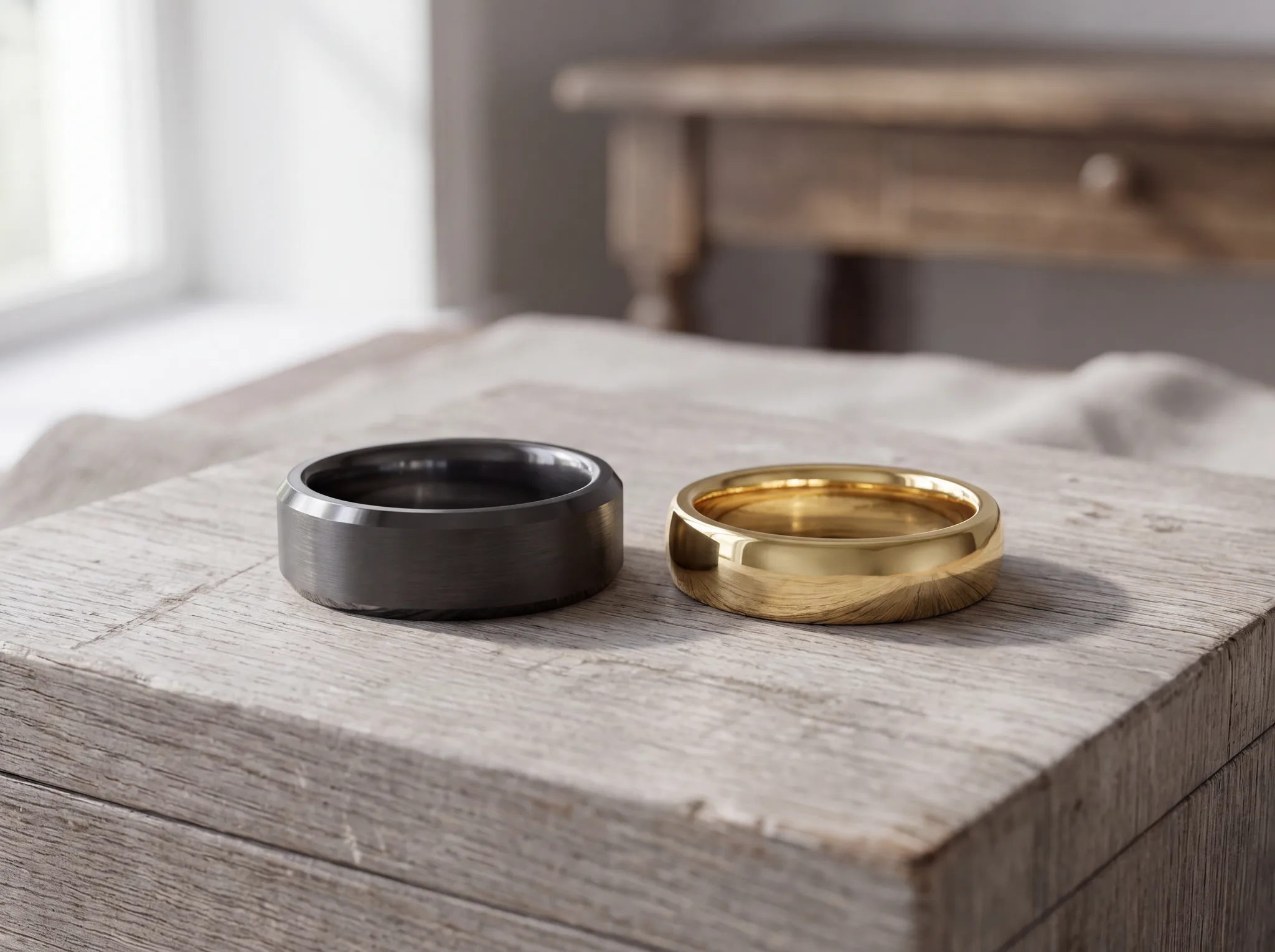 A wide brushed dark grey tungsten band resting beside a polished yellow gold band on a pale wood surface