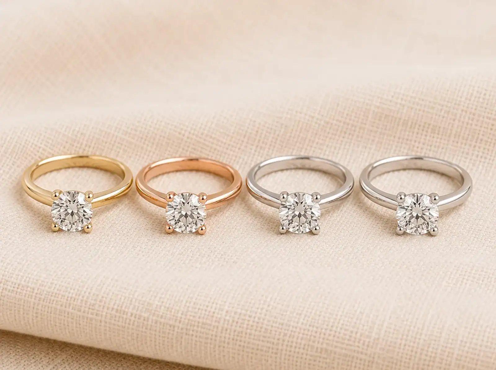 The same four solitaires on cream linen, with the rose gold ring second from the left, its band a soft pink against the yellow beside it.