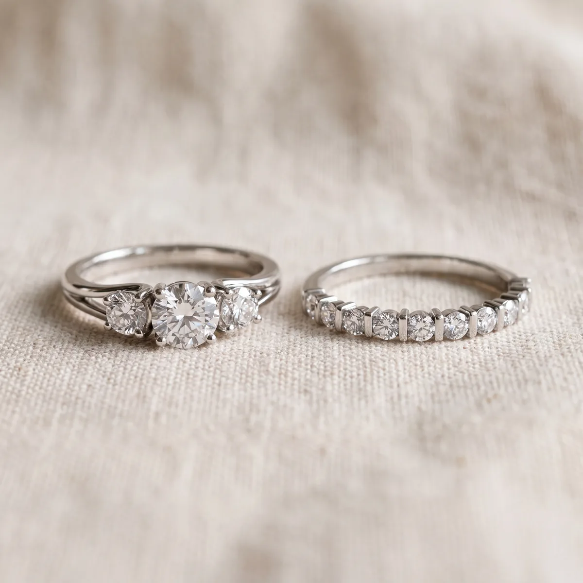 A three-stone engagement ring with a round center diamond, standing beside a band set with a row of small round diamonds, on cream linen.