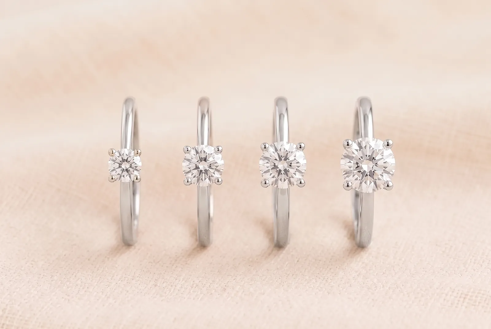 Four narrow platinum solitaire rings standing in a row on cream linen, the round diamond in each one larger than the one before it.