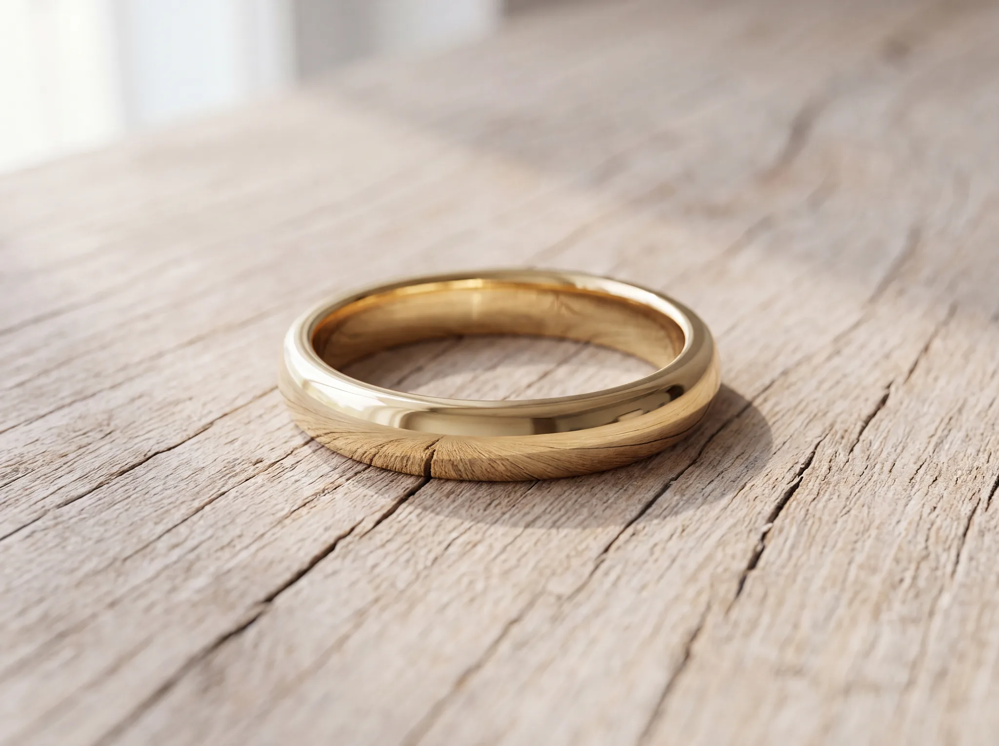 A polished yellow gold wedding band on pale weathered oak, closed and mirror-finished with no visible join anywhere around the shank.