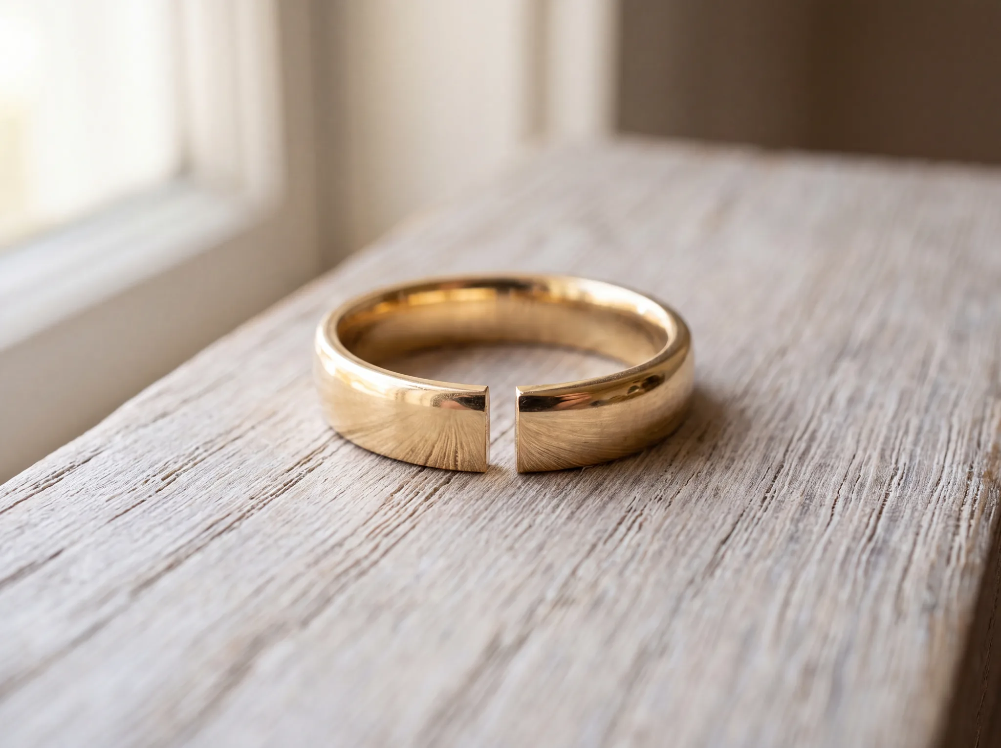 A polished yellow gold wedding band on pale weathered oak with the bottom of its shank cut open, leaving a narrow gap between the two cut ends.
