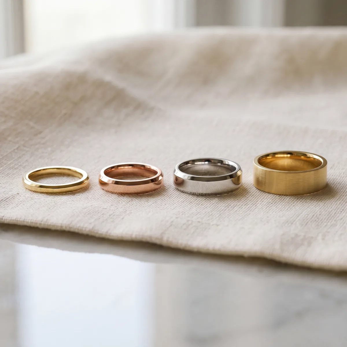 Four plain bands in a row on cream linen, from narrowest to widest: a slim yellow gold band, a rose gold band, a silver-toned band with beveled edges and a wide yellow gold band.