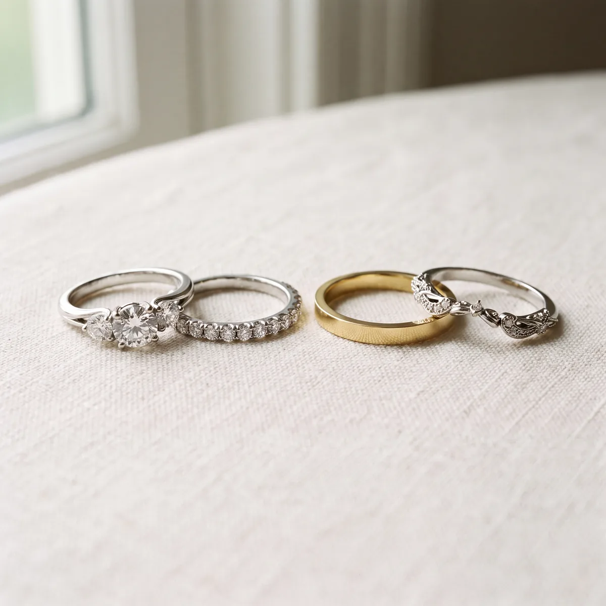 An engagement ring with three diamonds and a band set with a row of small diamonds, beside a plain yellow gold band and a curved band with scrolled metalwork, all on cream linen.
