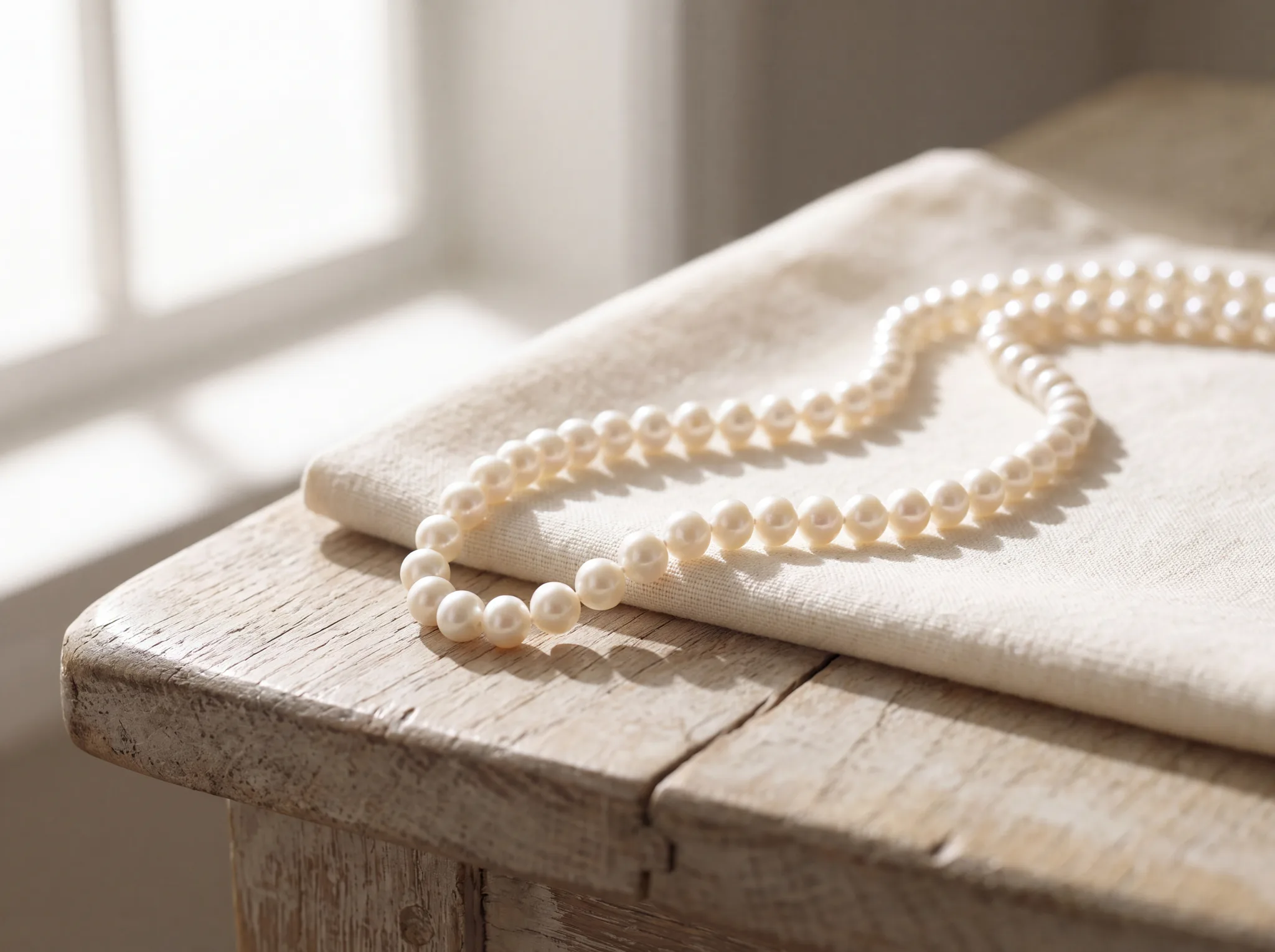 A knotted strand of white pearls laid in a loose curve on a folded pale cream cloth over pale weathered oak, the nacre catching soft window light.