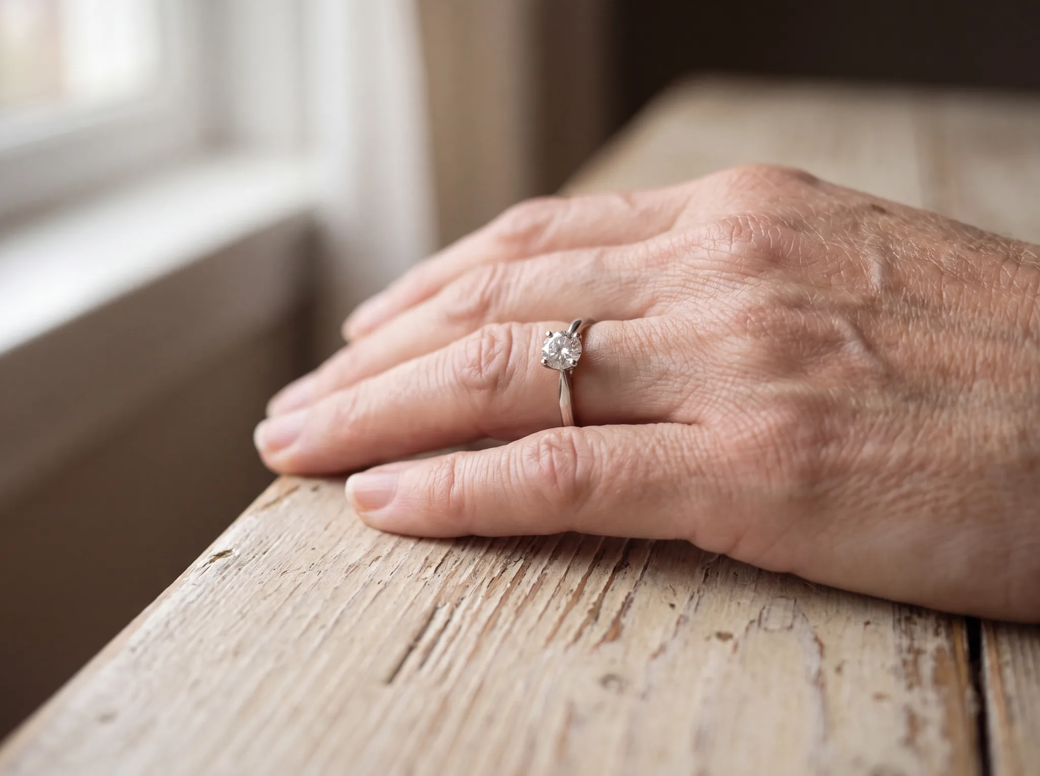 A woman's hand resting on a pale wood surface, a diamond solitaire ring loose on her finger with the stone rotated to the side instead of sitting on top