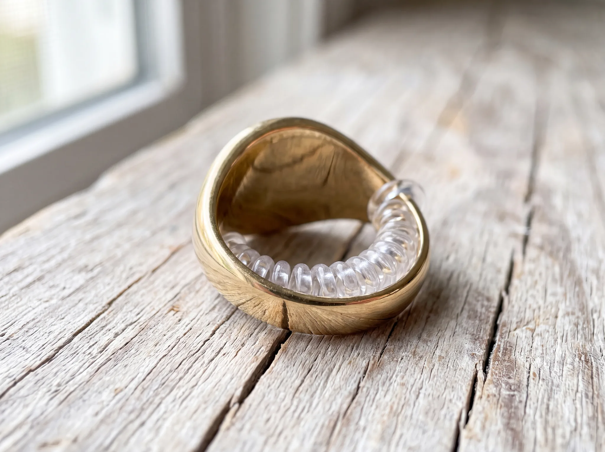 A yellow gold ring on a pale wood surface, tilted to show a small clear silicone ring-size adjuster wrapped around the inside of the shank