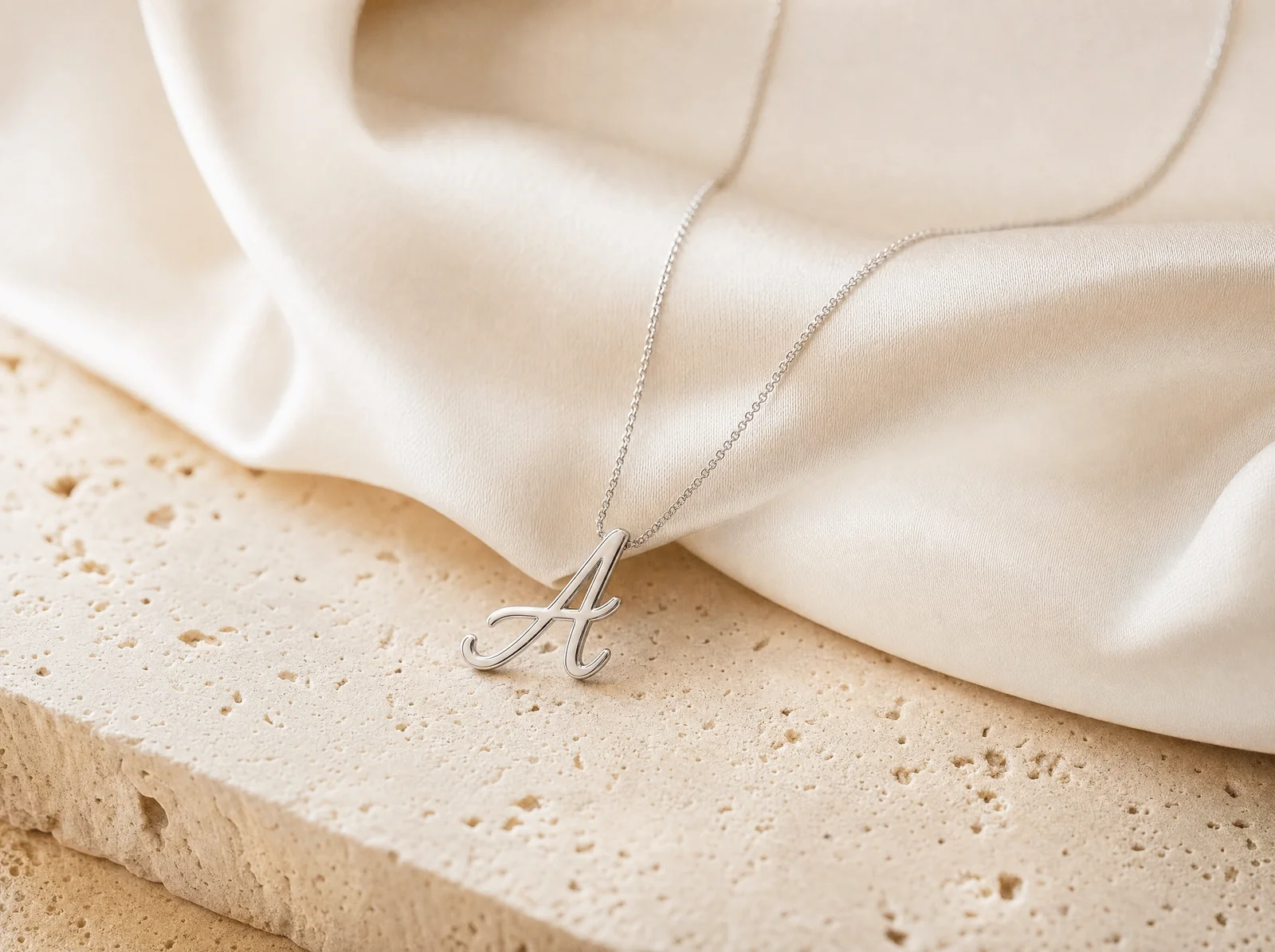 A single white gold script capital A pendant on a fine cable chain, laid on travertine beside cream silk.