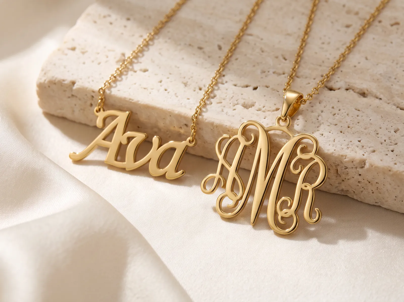 A yellow gold nameplate necklace spelling Ava beside a yellow gold monogram pendant of three interlocking script initials, on a travertine slab with cream silk.