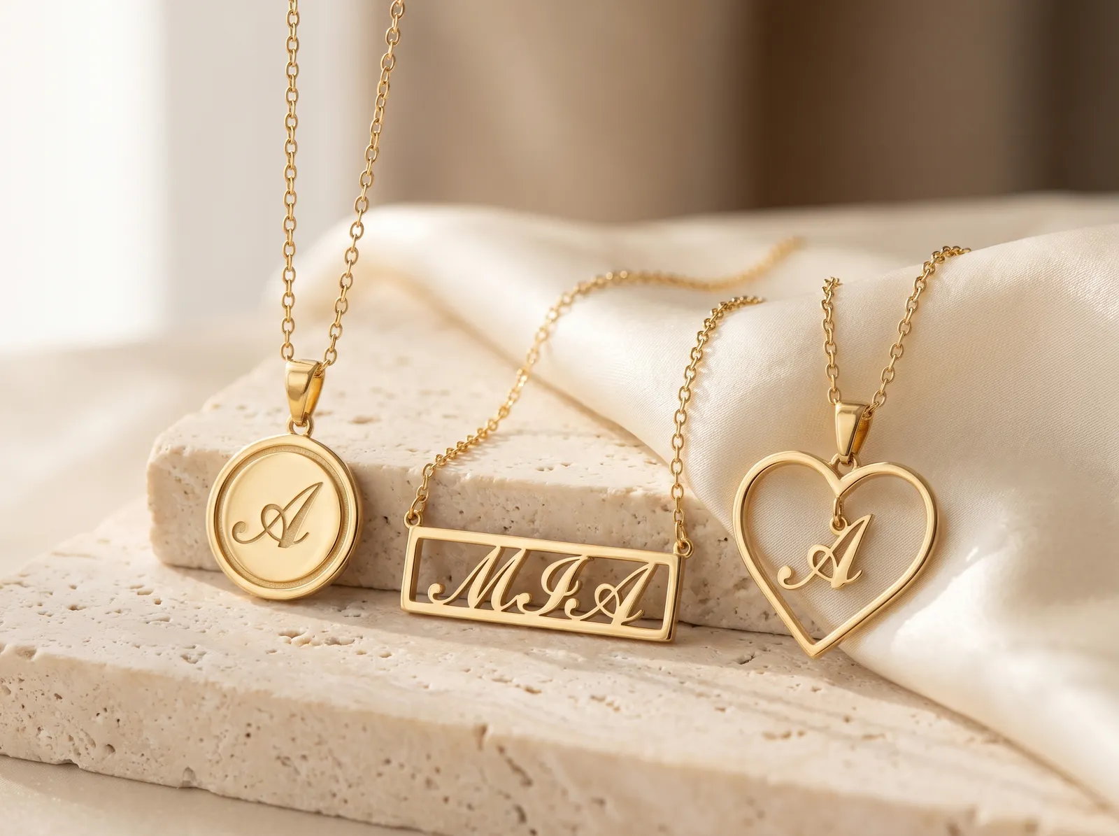 Three yellow gold name pendants in a row: a script letter A inside a round disc, the name Mia inside a rectangular bar frame, and a script letter A inside an open heart.