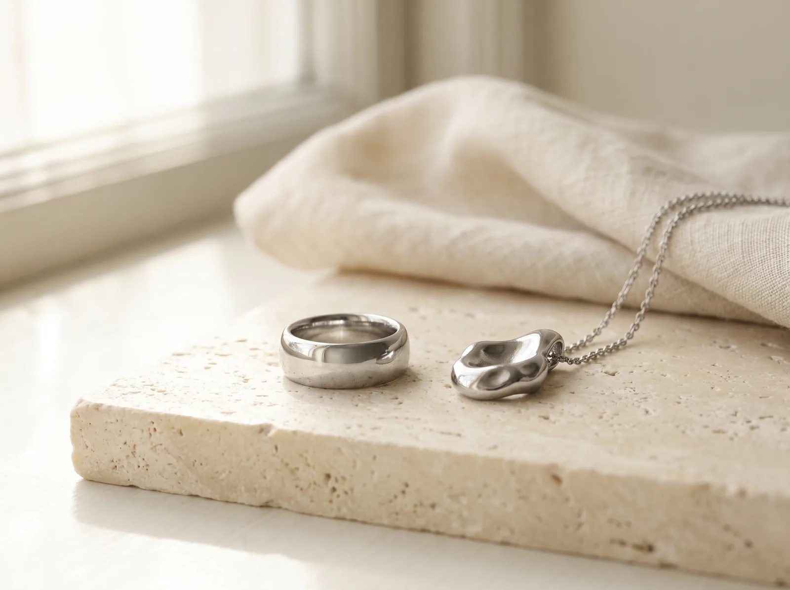 A heavy polished platinum band and a platinum solitaire ring on a pale travertine slab in window light.
