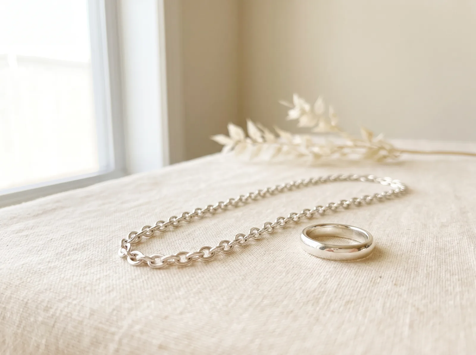 A sterling silver cuff bracelet and a fine sterling silver chain necklace arranged on cream silk beside a pale stone slab.
