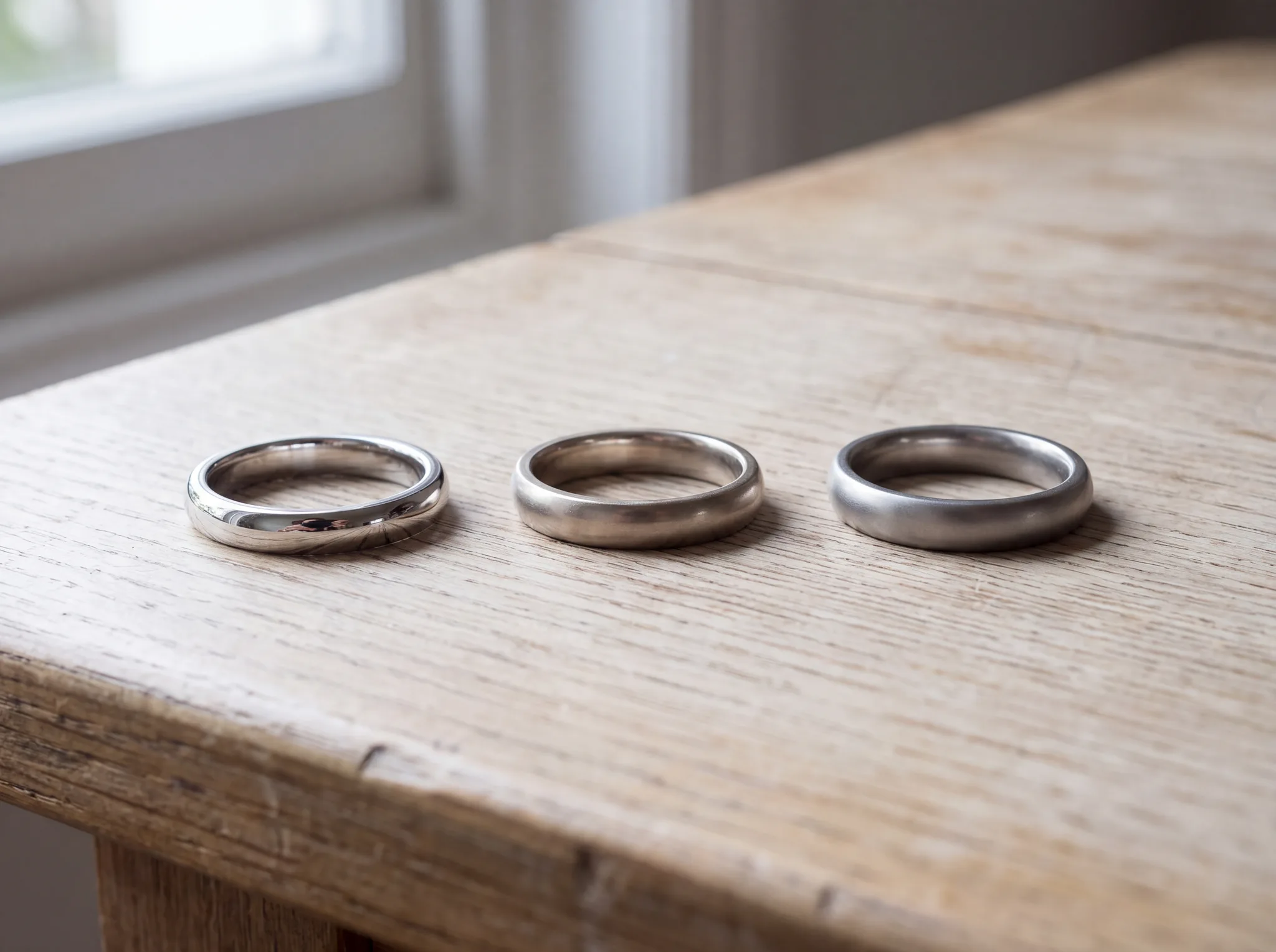 Three plain white metal wedding bands laid in a row on a pale wood surface, each a subtly different shade of white
