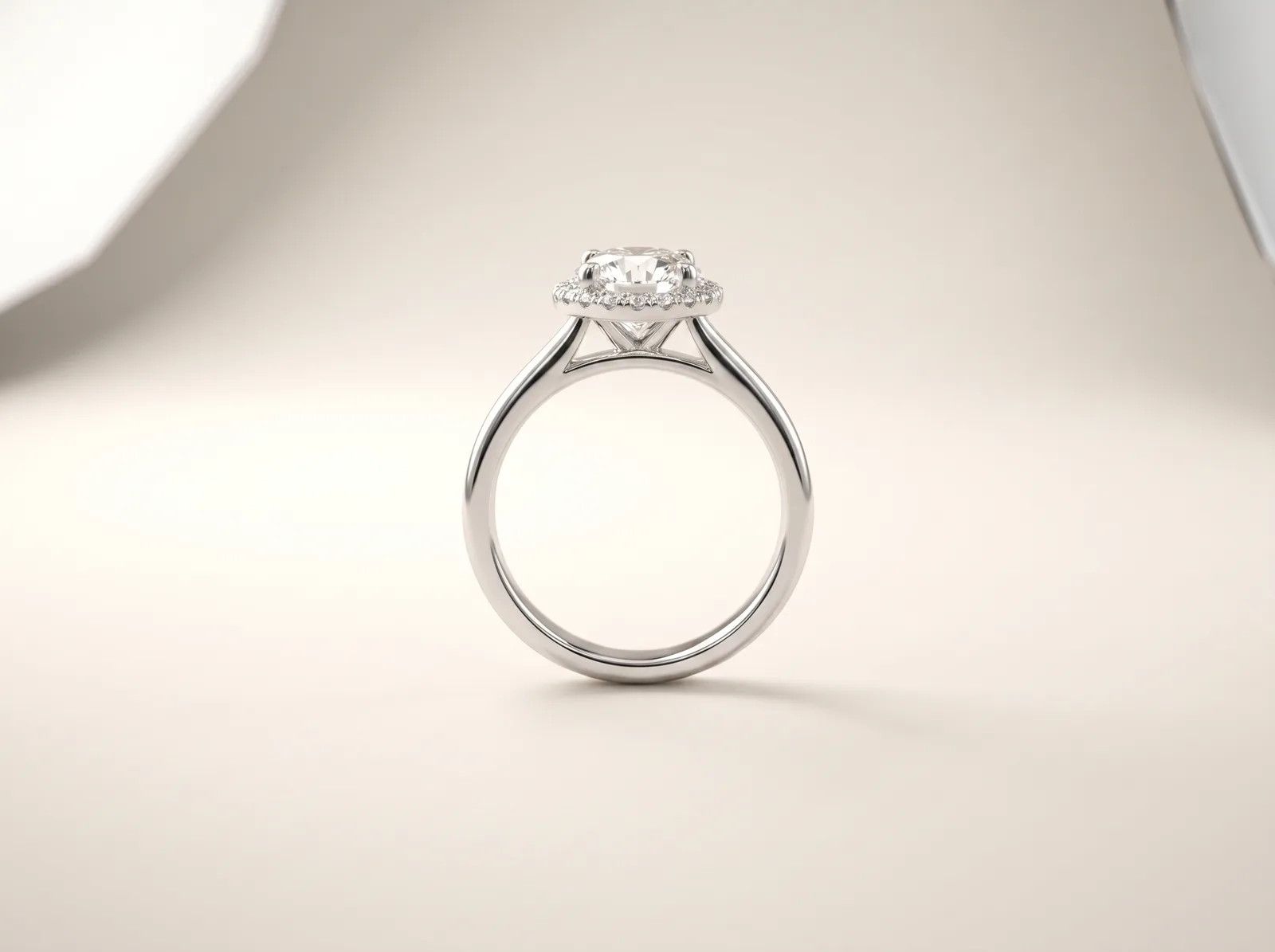 A platinum halo engagement ring standing upright: a round center diamond encircled by a single row of small accent diamonds, above a plain shank.