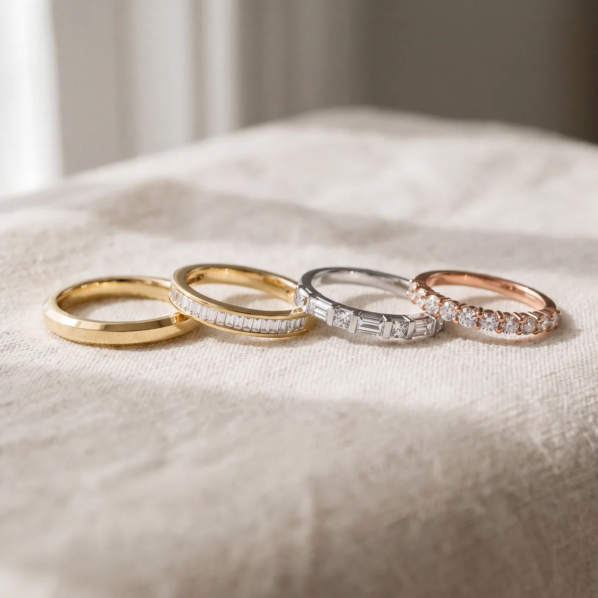 Four wedding bands standing in a row on cream linen: a plain yellow gold band with beveled edges, a yellow gold band channel-set with baguette diamonds, a white gold band with baguette and square diamonds between bars, and a rose gold band with round diamonds.