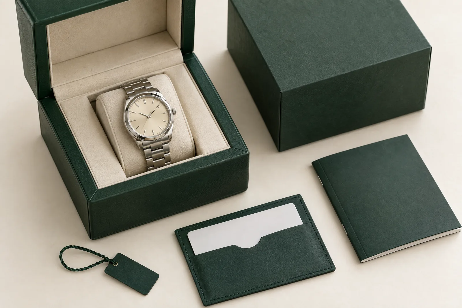 A watch box open beside its warranty card and papers, laid out together as a full set