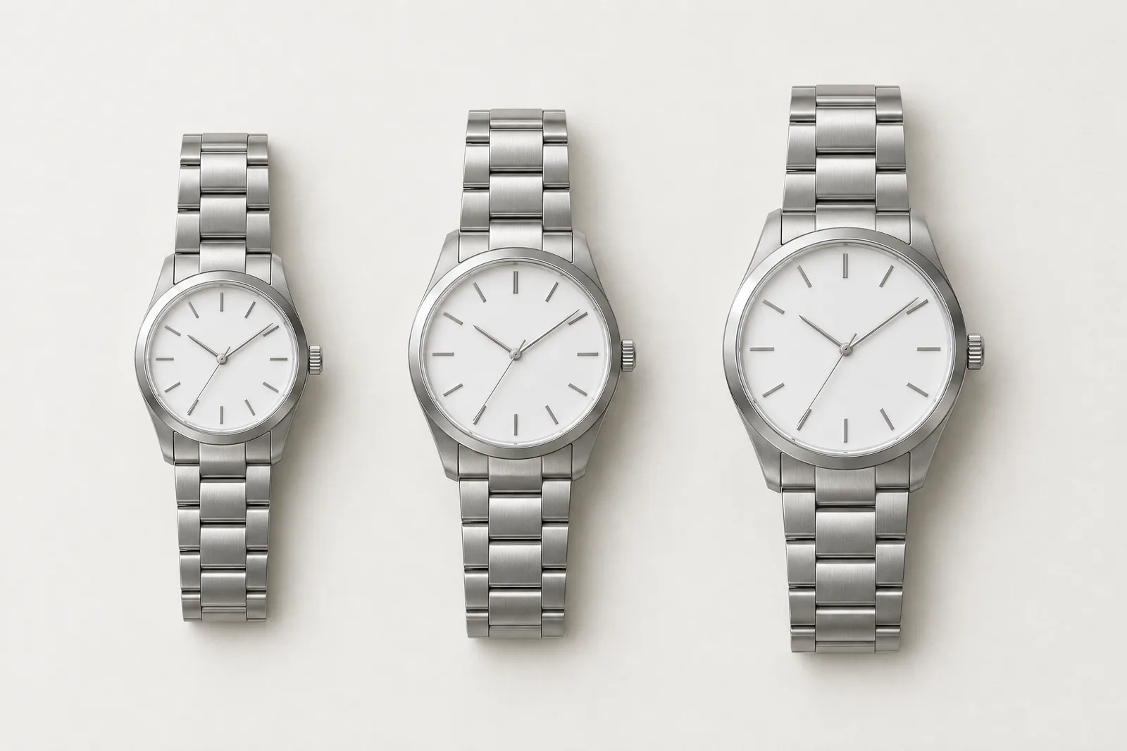 Three plain steel watches of increasing case size, side by side