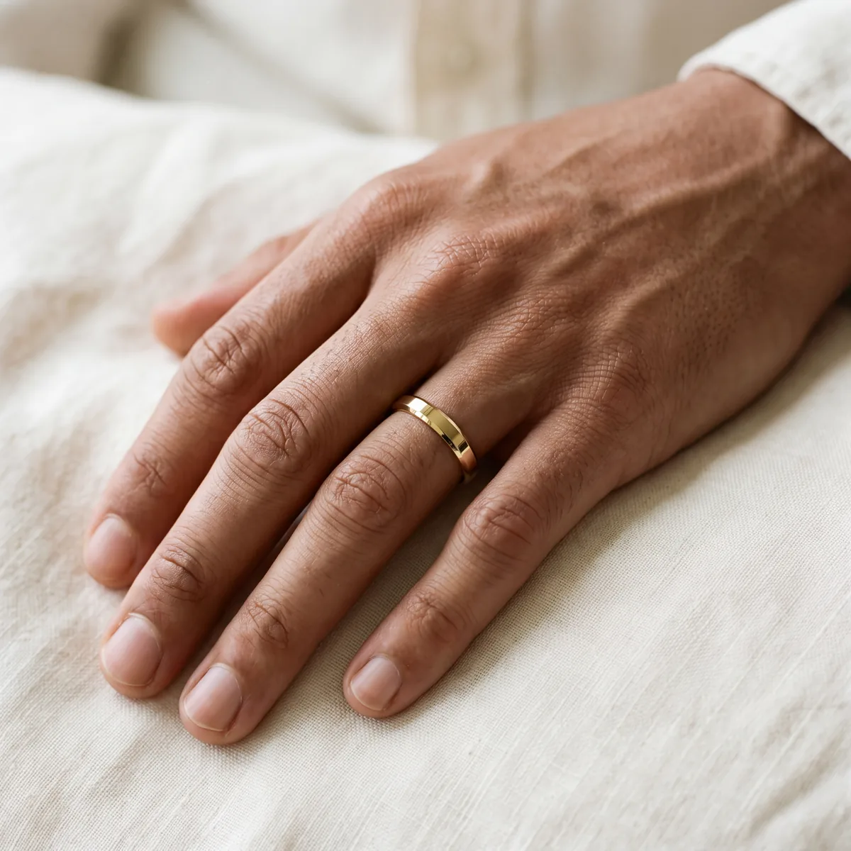 A hand resting on cream linen, wearing a plain yellow gold band with a smooth, polished surface and slightly angled edges.
