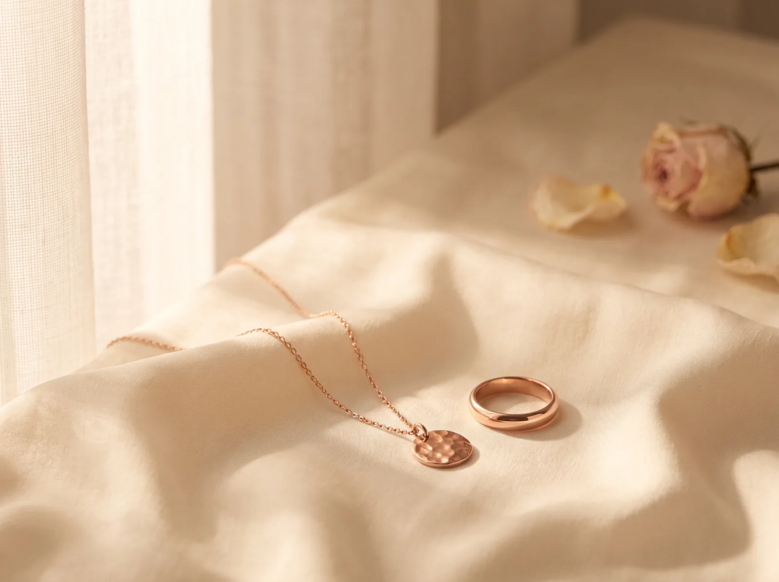 A rose gold cable chain with a hammered disc pendant beside a domed rose gold band on cream silk, with a pale rose in the background.