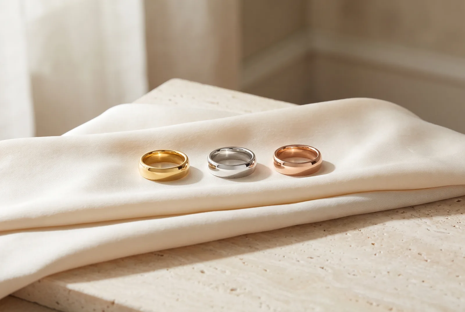 Three plain domed wedding bands side by side on cream silk over a travertine slab: yellow gold on the left, white gold in the middle, rose gold on the right.