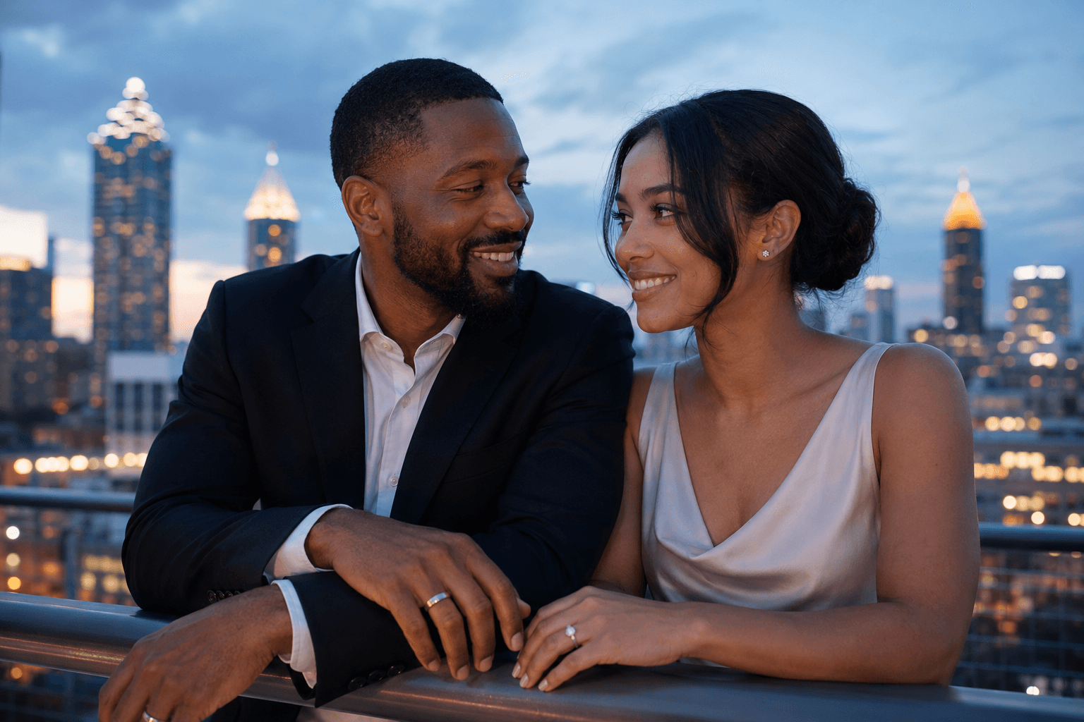 Engaged couple wearing rings from ATL Luxury Jewelers with the Atlanta skyline behind them