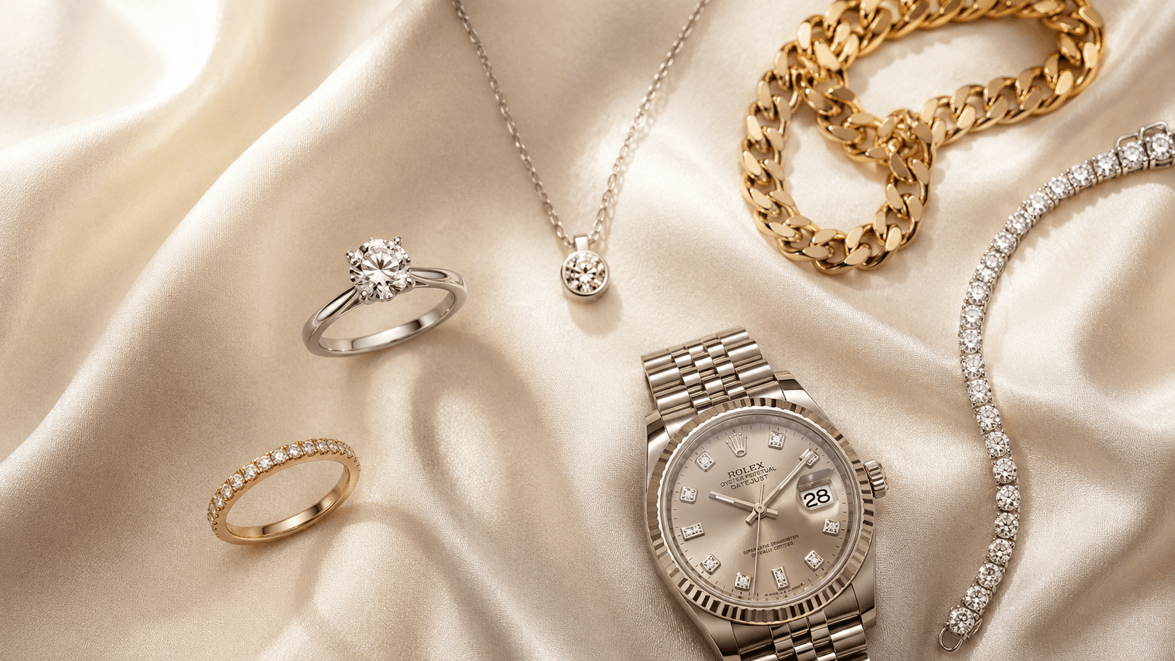 Engagement ring, wedding bands, diamond pendant, gold chain, tennis bracelet, and Rolex Datejust on cream silk at ATL Luxury Jewelers Atlanta