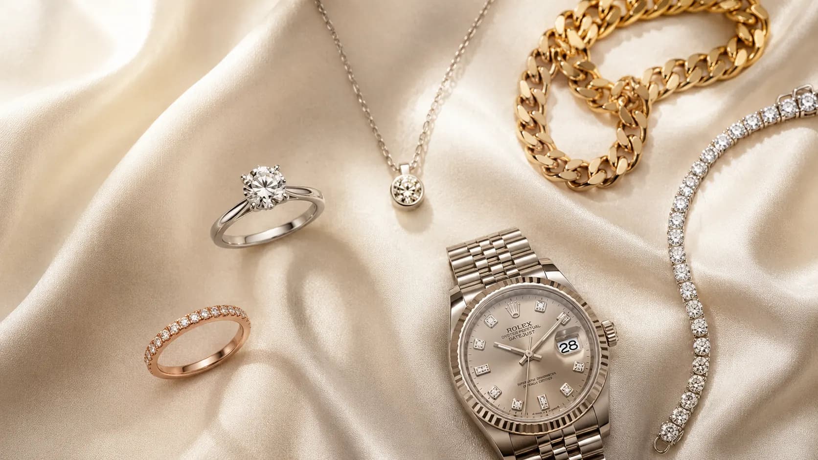 Engagement ring, wedding bands, diamond pendant, gold chain, tennis bracelet, and Rolex Datejust on cream silk at ATL Luxury Jewelry Atlanta